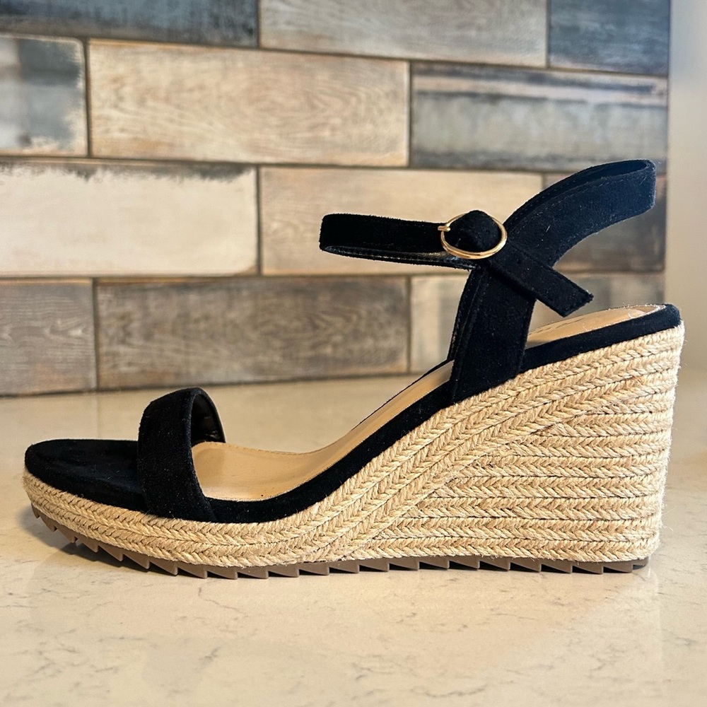 NWOT Platform Wedge Espadrille Black Faux Suede Open Toe Sandals - Picture 4 of 16